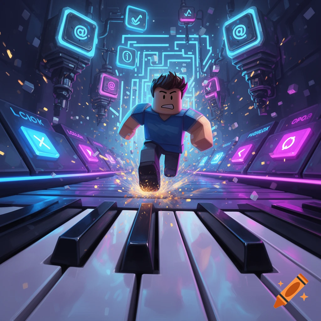 Roblox-style character running forward on a piano keyboard in a futuristic neon corridor filled with digital symbols and screens.