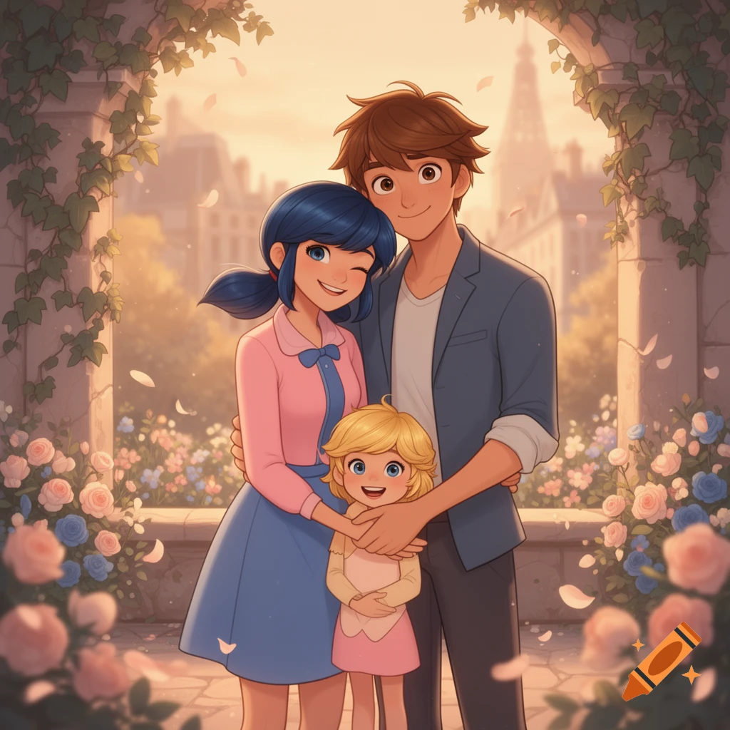 Animated illustration of a happy couple and their young daughter in a garden with stone archways and pink roses.