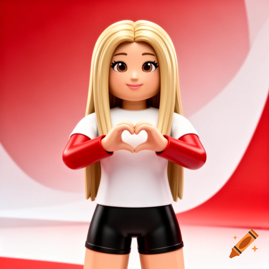 3D Roblox GFX profile picture of a blonde girl making a heart shape with her hands against a red and white background