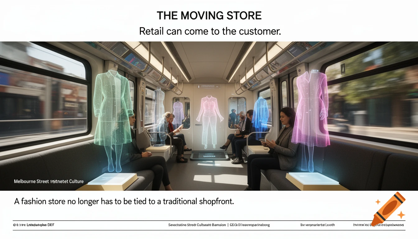 Photorealistic pitch-deck slide showing holographic fashion displays inside a modern Melbourne train carriage.