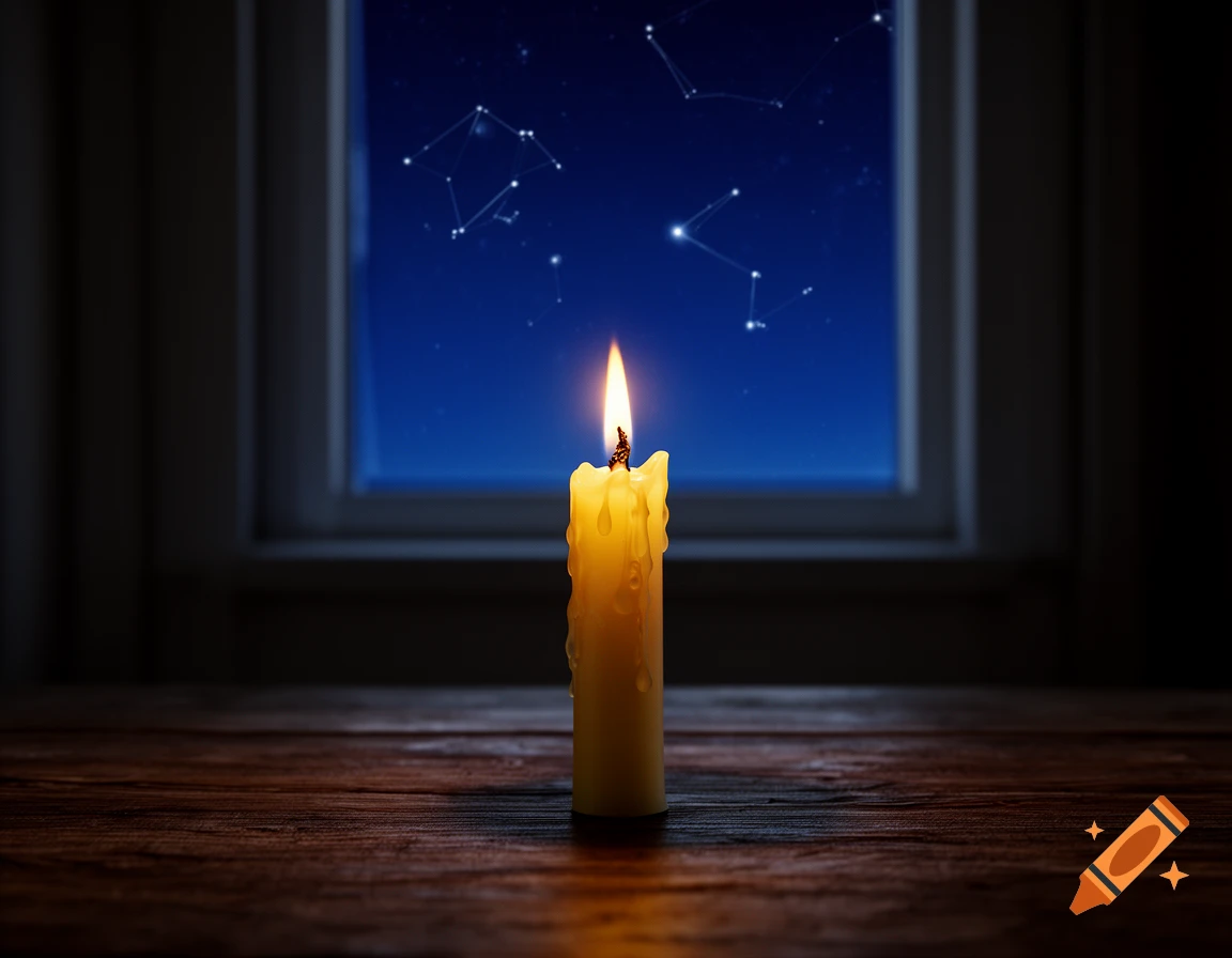 A lit candle with melting wax sits on a dark wooden table in front of a window showing a starry night sky.