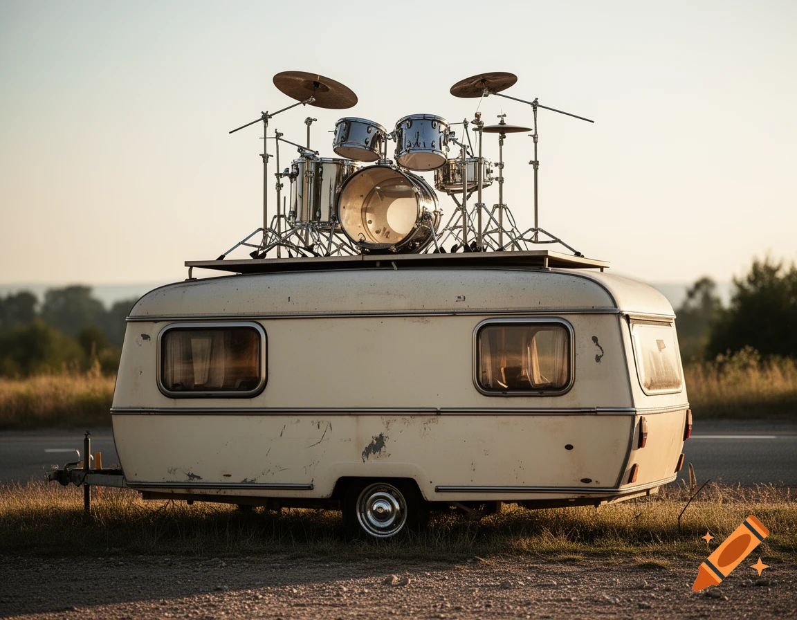 Photorealistic image of a vintage caravan parked on a dirt path with a full drum set mounted on its roof.