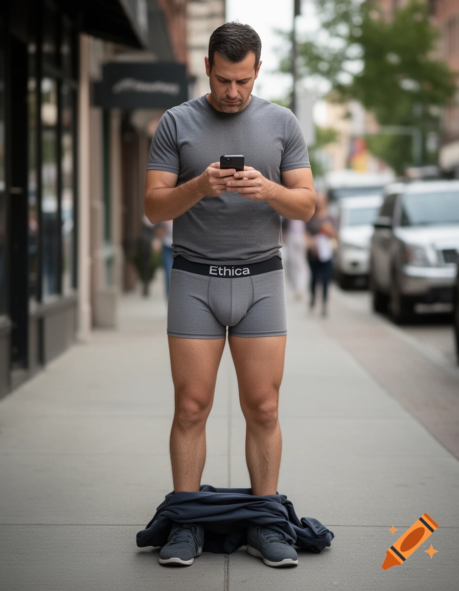 A man looking at his phone on a city sidewalk with his pants fallen down around his ankles, wearing grey boxer briefs.