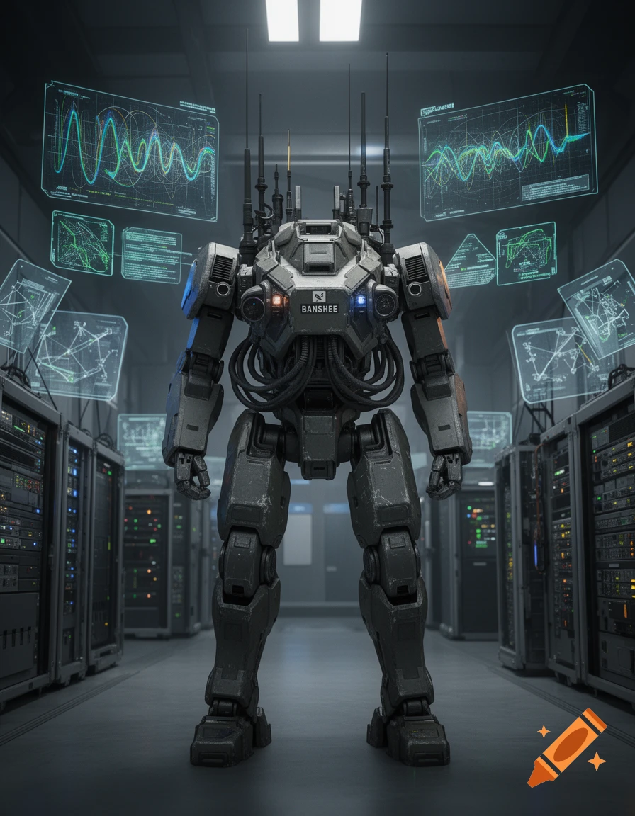 Photorealistic image of a grey electronic warfare mech named Banshee standing in a server room with holographic data screens.