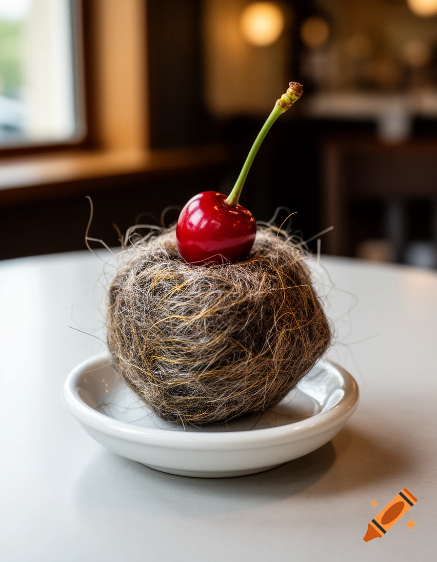 Photorealistic image of a hairball resembling a nest inside a white bowl, topped with a single red cherry with its stem.
