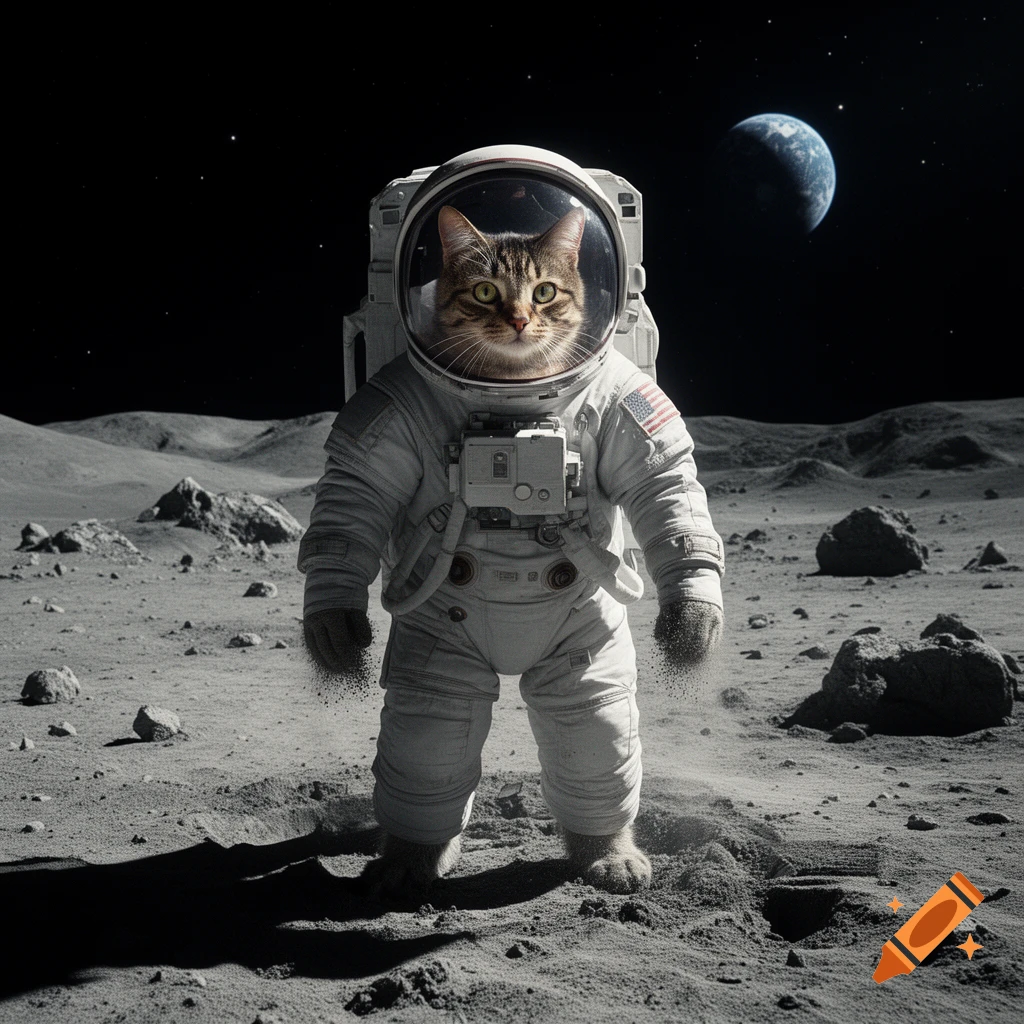 Photorealistic image of a tabby cat in a space suit standing on the moon's surface with Earth in the background.