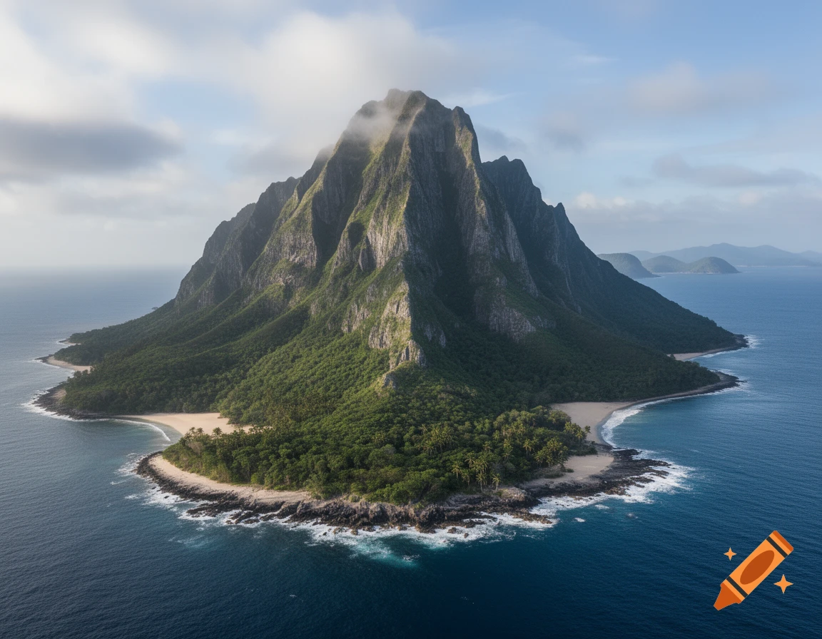 Aerial photorealistic view of a steep, jungle-covered volcanic mountain rising out of the blue ocean, surrounded by a sandy beach.