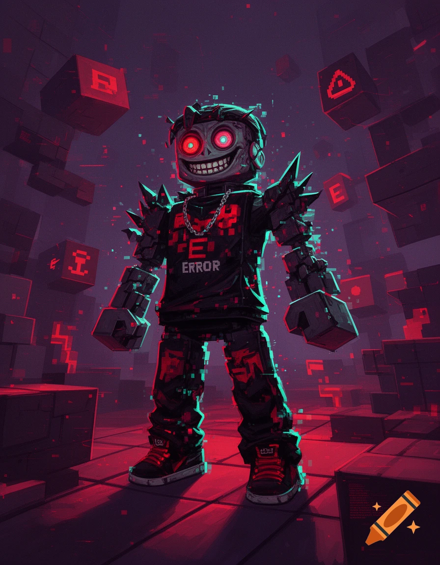 A stylized robotic figure with glowing red eyes and a menacing grin standing in a dark, pixelated digital world.