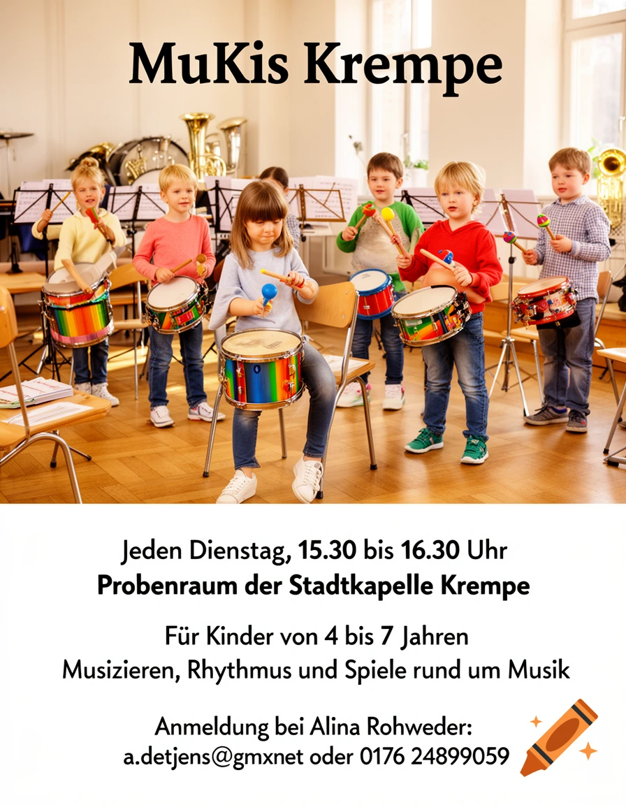 Flyer for MuKis Krempe with children playing drums in a music room.