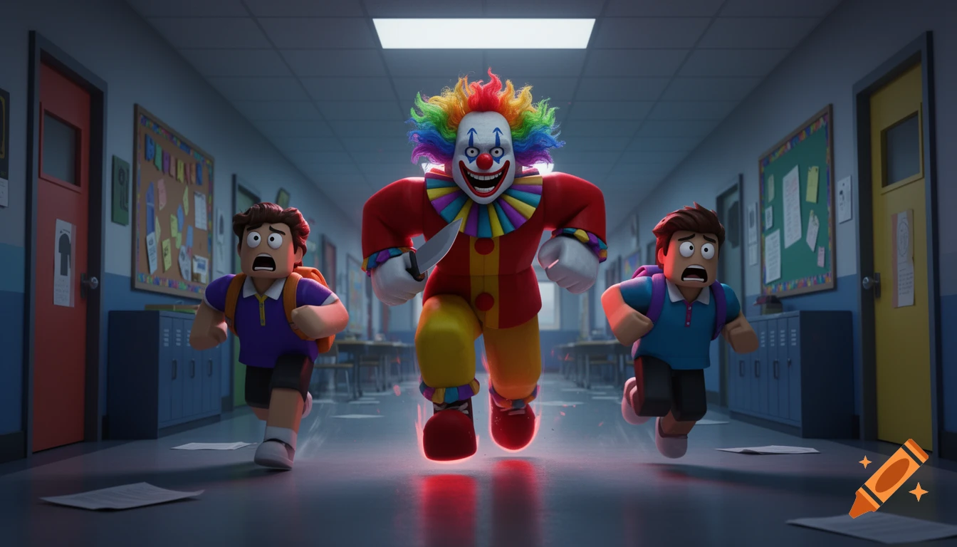3D render in Roblox style of a colorful clown chasing two terrified children with a knife down a school hallway.