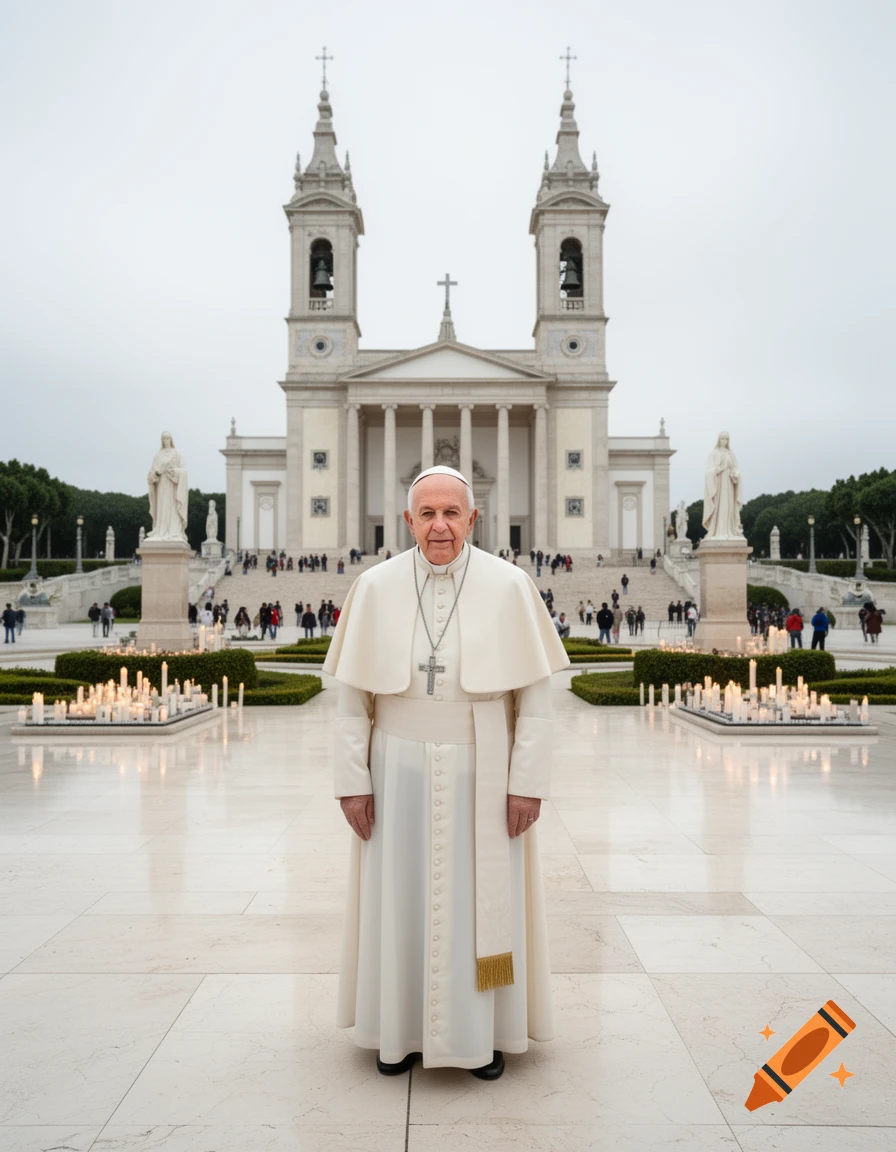 Photorealistic portrait of a pope standing in a grand paved plaza in front of a large European cathedral with lit candles.