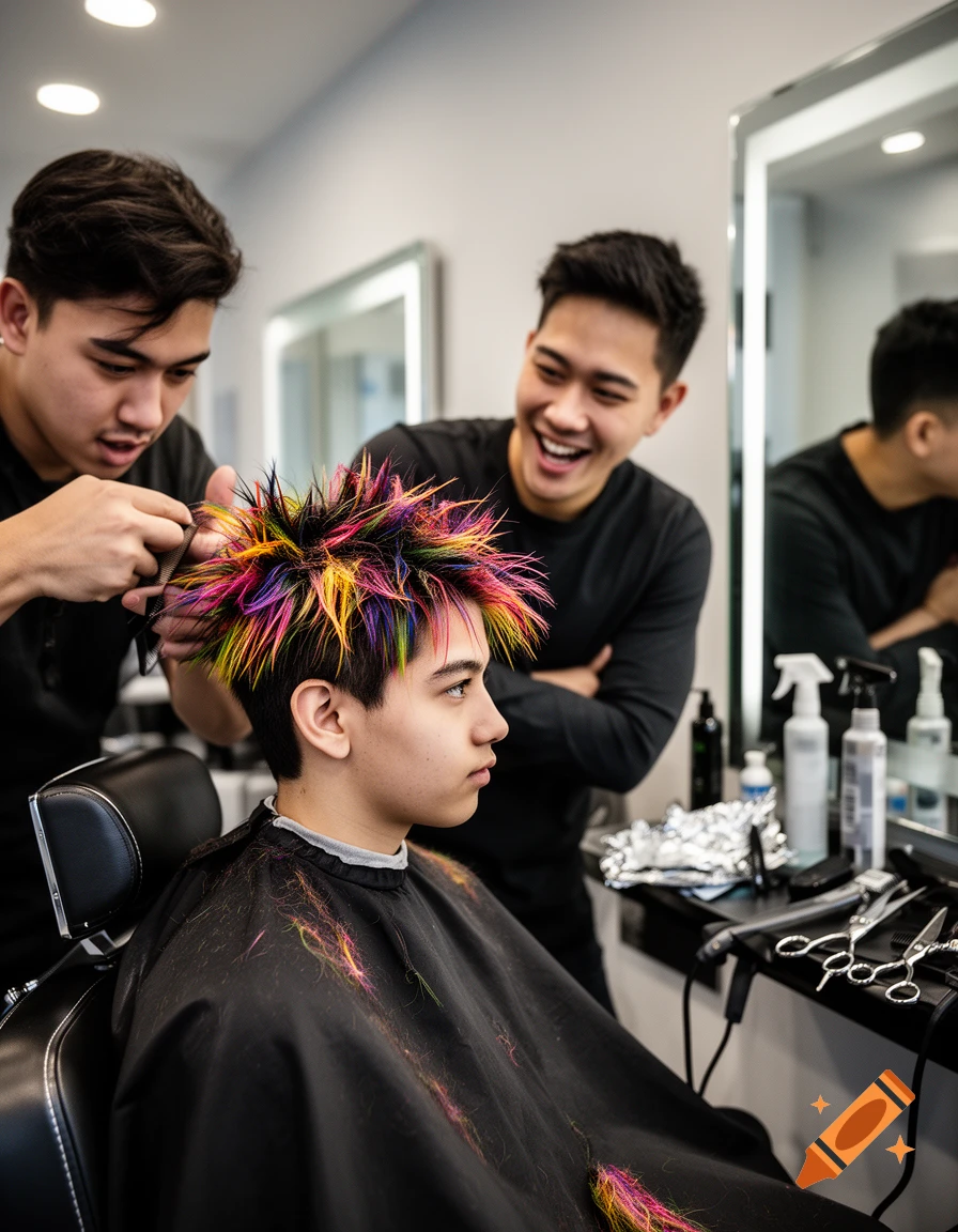 Photorealistic image of a young man getting his hair dyed with vibrant rainbow colors at a salon, while a friend and barber look on.
