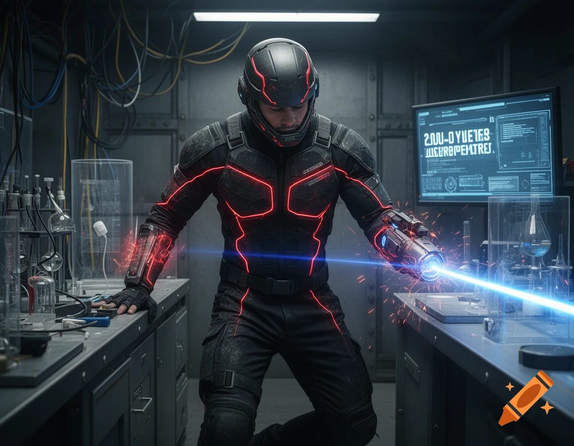A futuristic cyborg character in a lab setting, firing a blue laser from his arm gauntlet, photorealistic style.