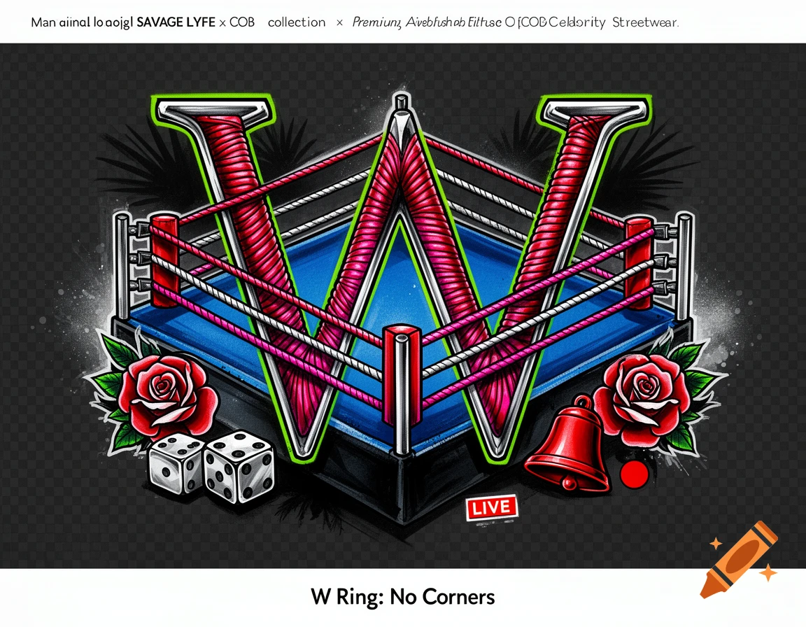 Airbrushed tattoo flash graphic featuring a boxing ring integrated with a large capital letter W, flanked by roses, dice, and a bell.