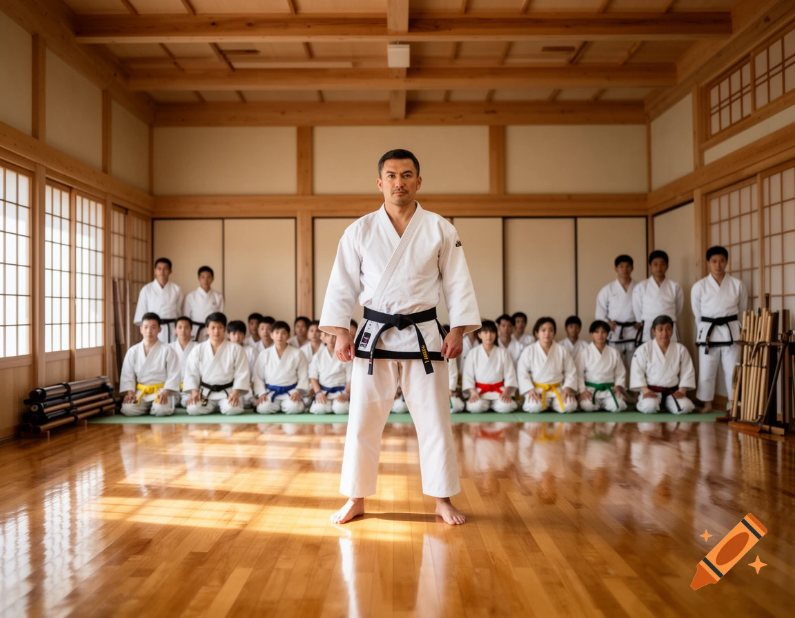 A martial arts instructor in a white gi and black belt standing in the foreground of a traditional dojo with students seated in the background.