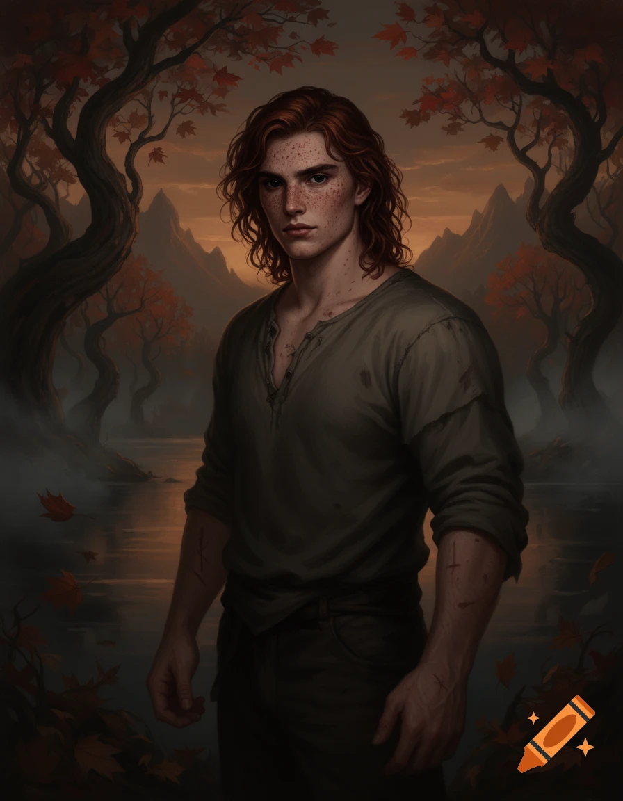 Fantasy digital painting of a young man with shoulder-length dark red hair, freckles, and a green shirt, standing by a lake with autumn trees.