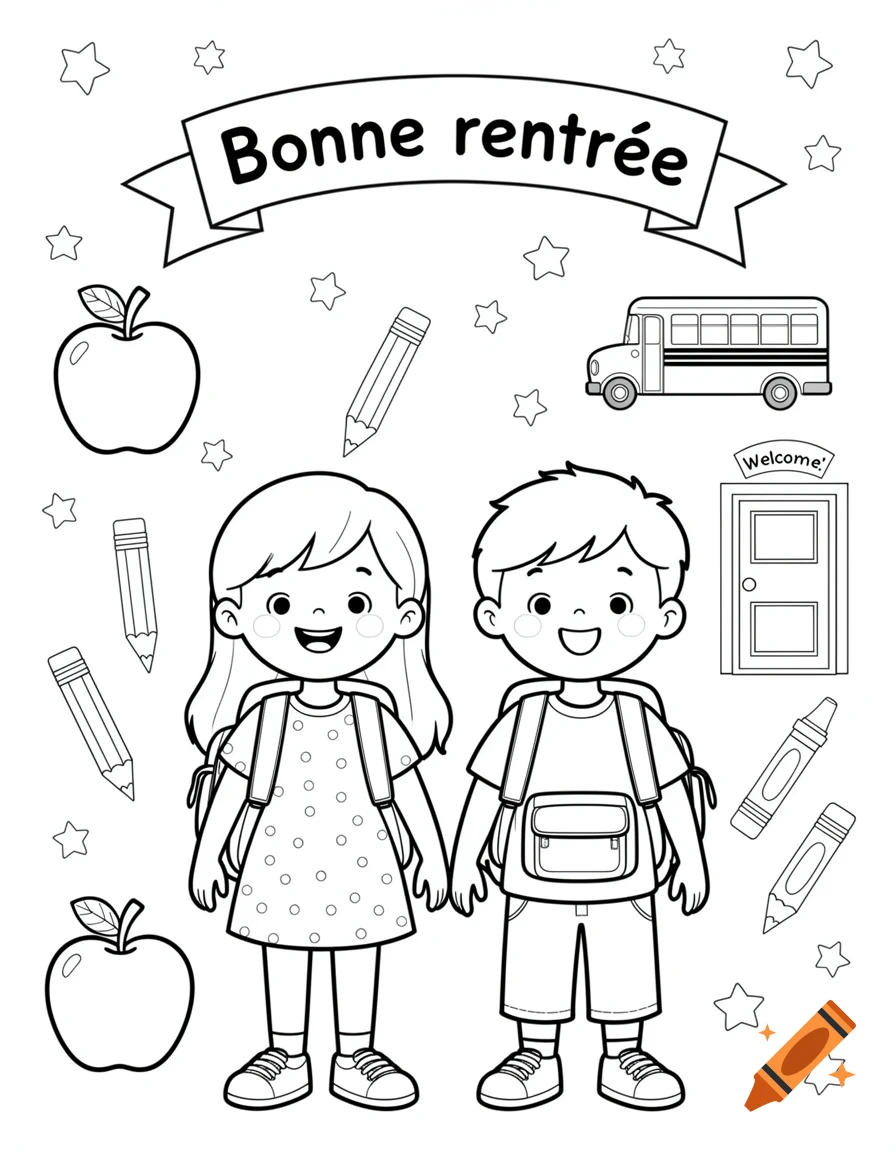 Black and white coloring book page featuring a boy and a girl in school uniforms, with apples, pencils, a school bus, and a banner that says Bonne rentrée.