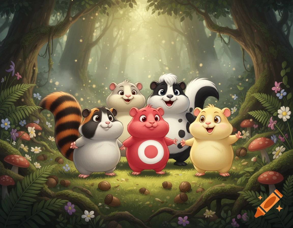 Digital illustration of four colorful, chubby anthropomorphic rodent creatures standing together in a lush green forest.