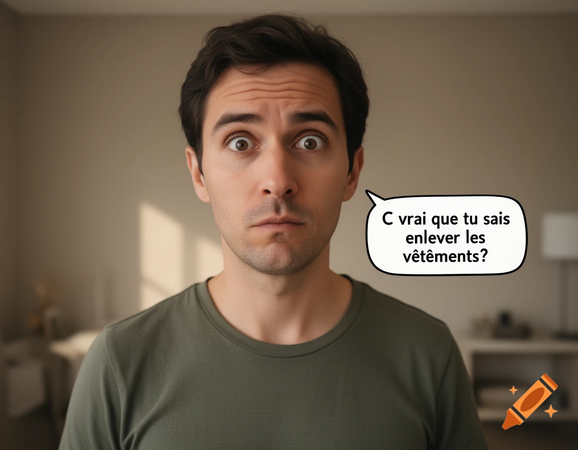 Photorealistic portrait of a man looking surprised with wide eyes, with a speech bubble containing French text.