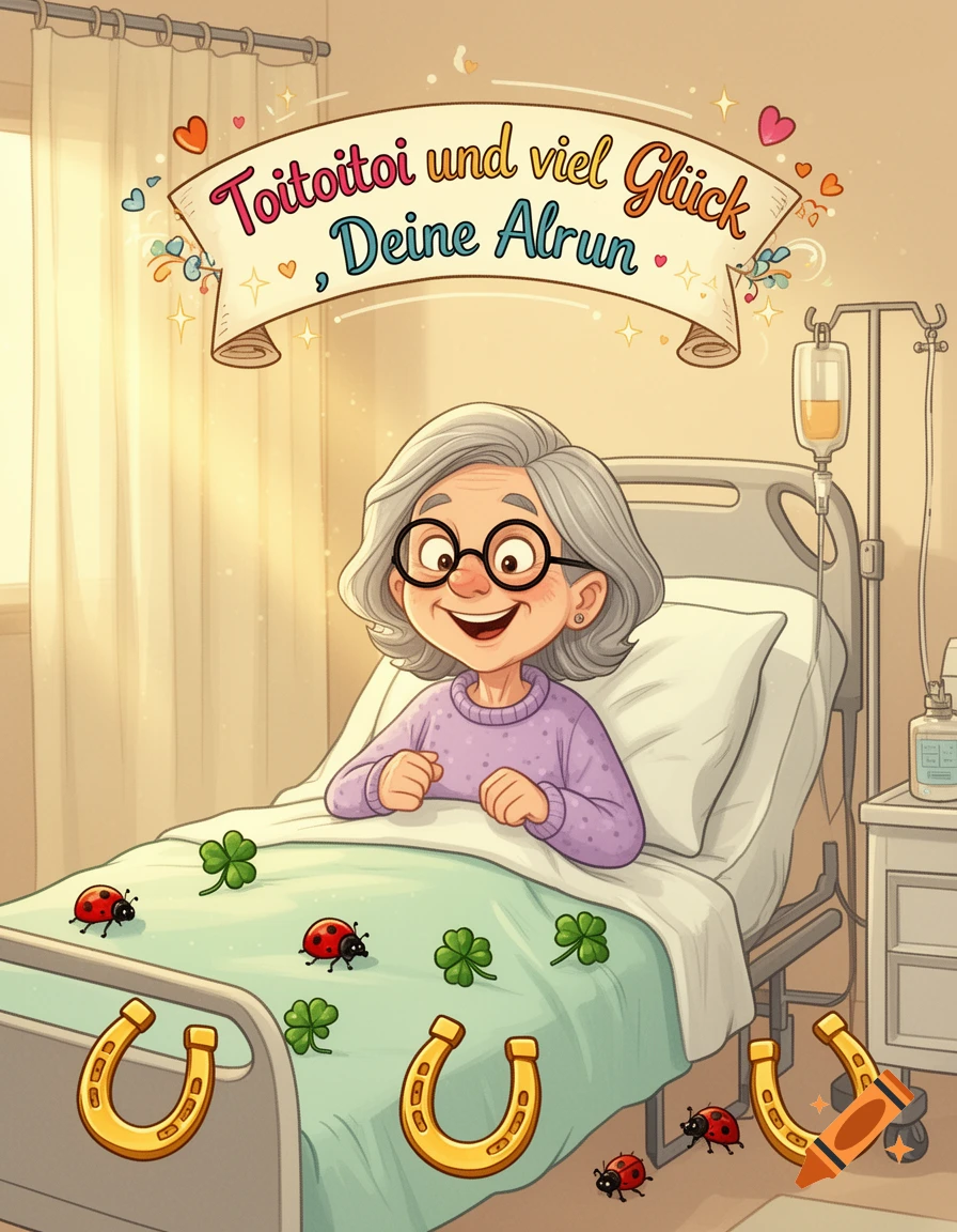 Disney-style cartoon of a smiling older woman with glasses in a hospital bed, surrounded by lucky charms and text banner.