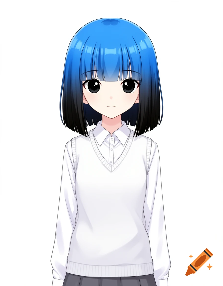 Digital anime illustration of a cute androgynous character with blue and black jellyfish haircut, wearing a white sweater vest and shirt against a white background.