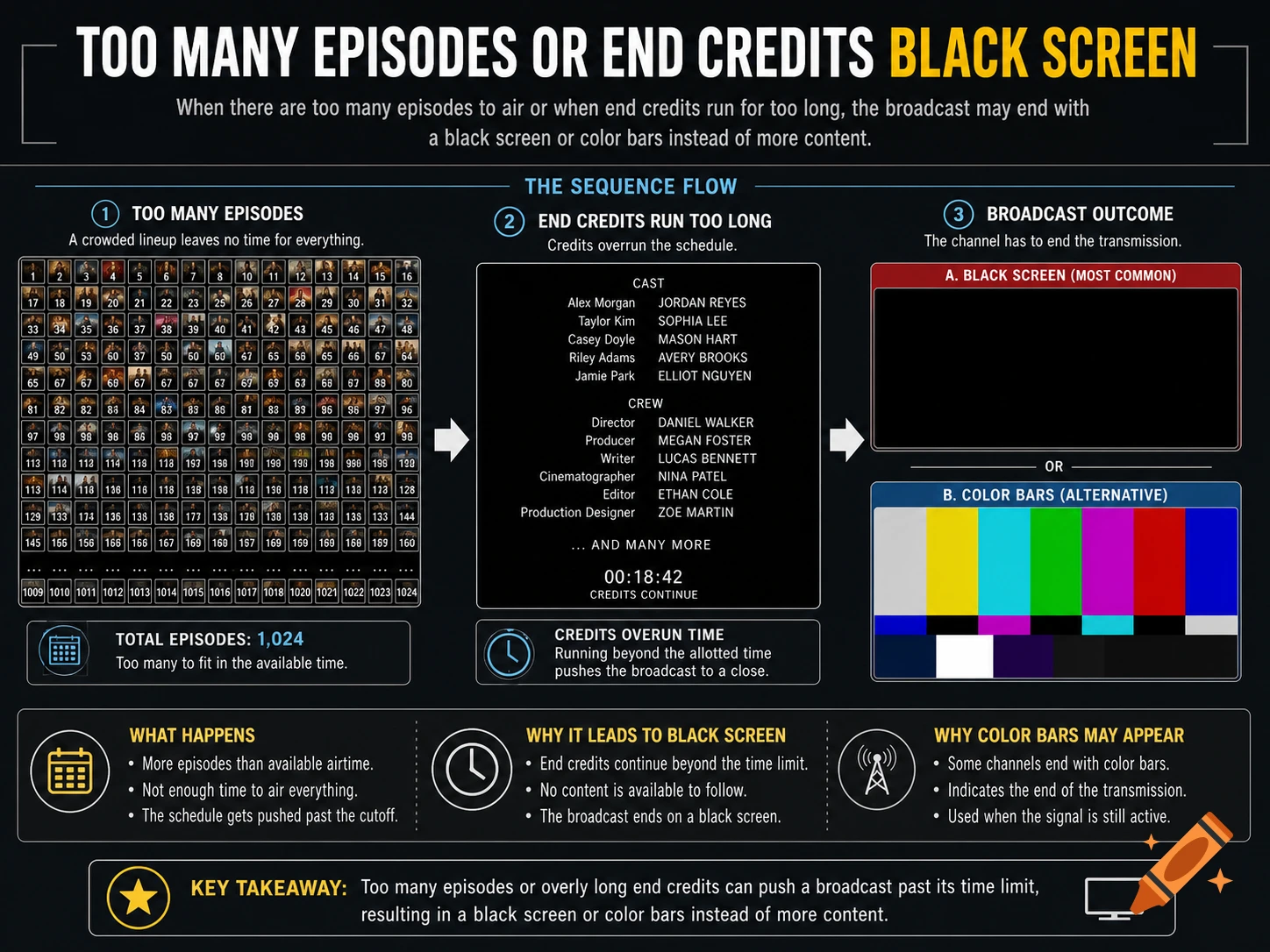 An informative diagram explaining why too many episodes or end credits cause a black screen or color bars on television.