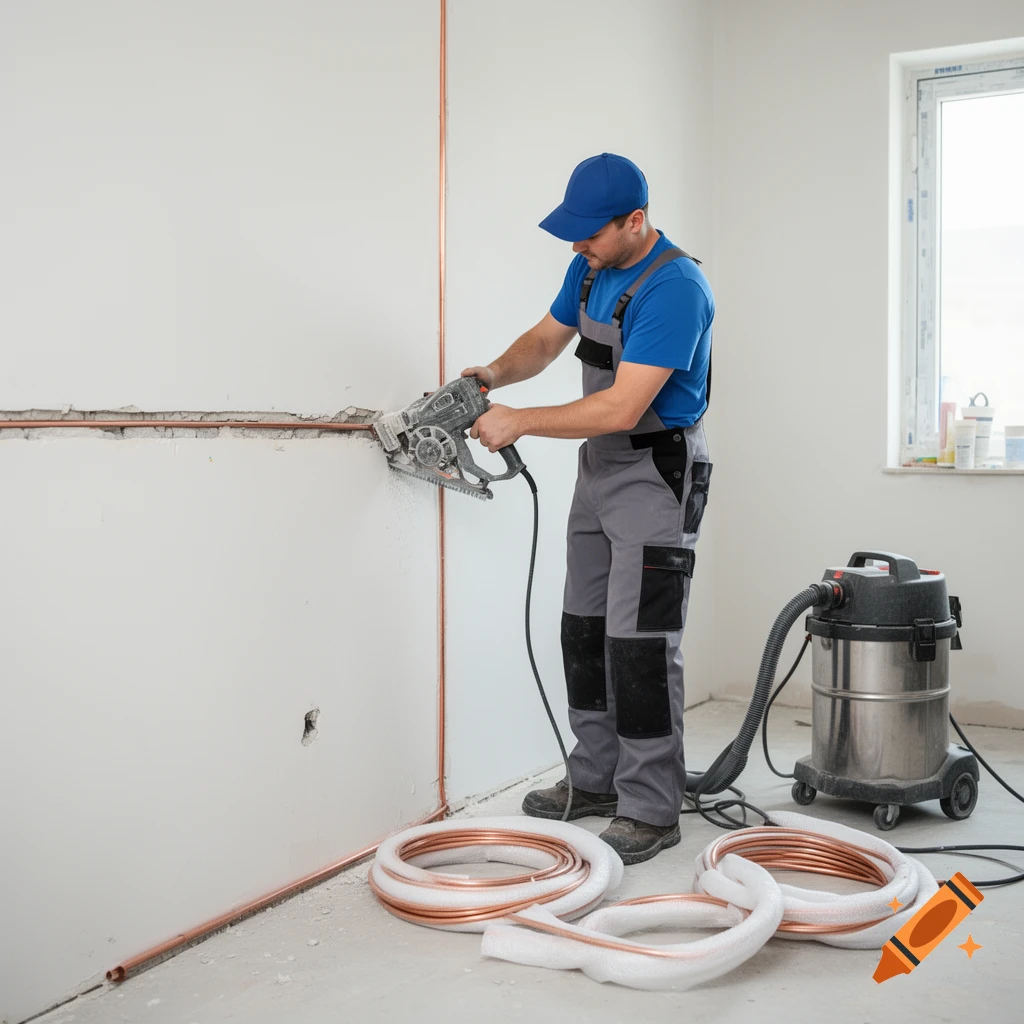 An HVAC technician using an electric wall chaser tool to cut a channel groove in a white wall indoors.