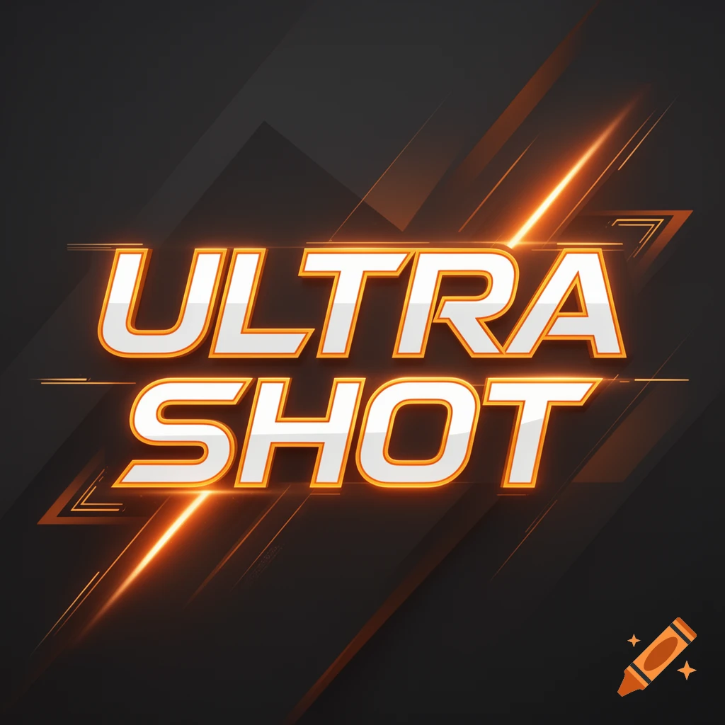 3D render of the words ULTRA SHOT in white and orange glowing letters on a dark abstract background
