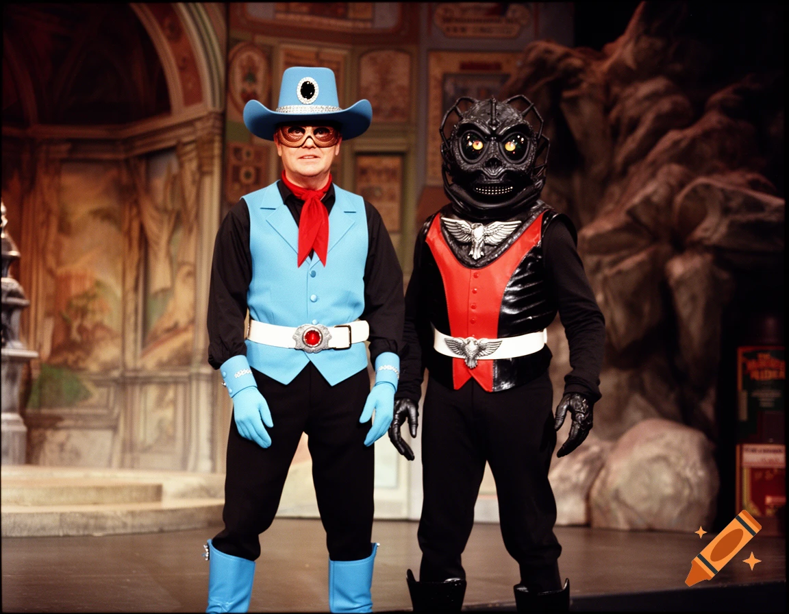 Two actors in stage costumes posing on a theater set, one in a blue cowboy outfit and mask, the other in a black and red creature suit.