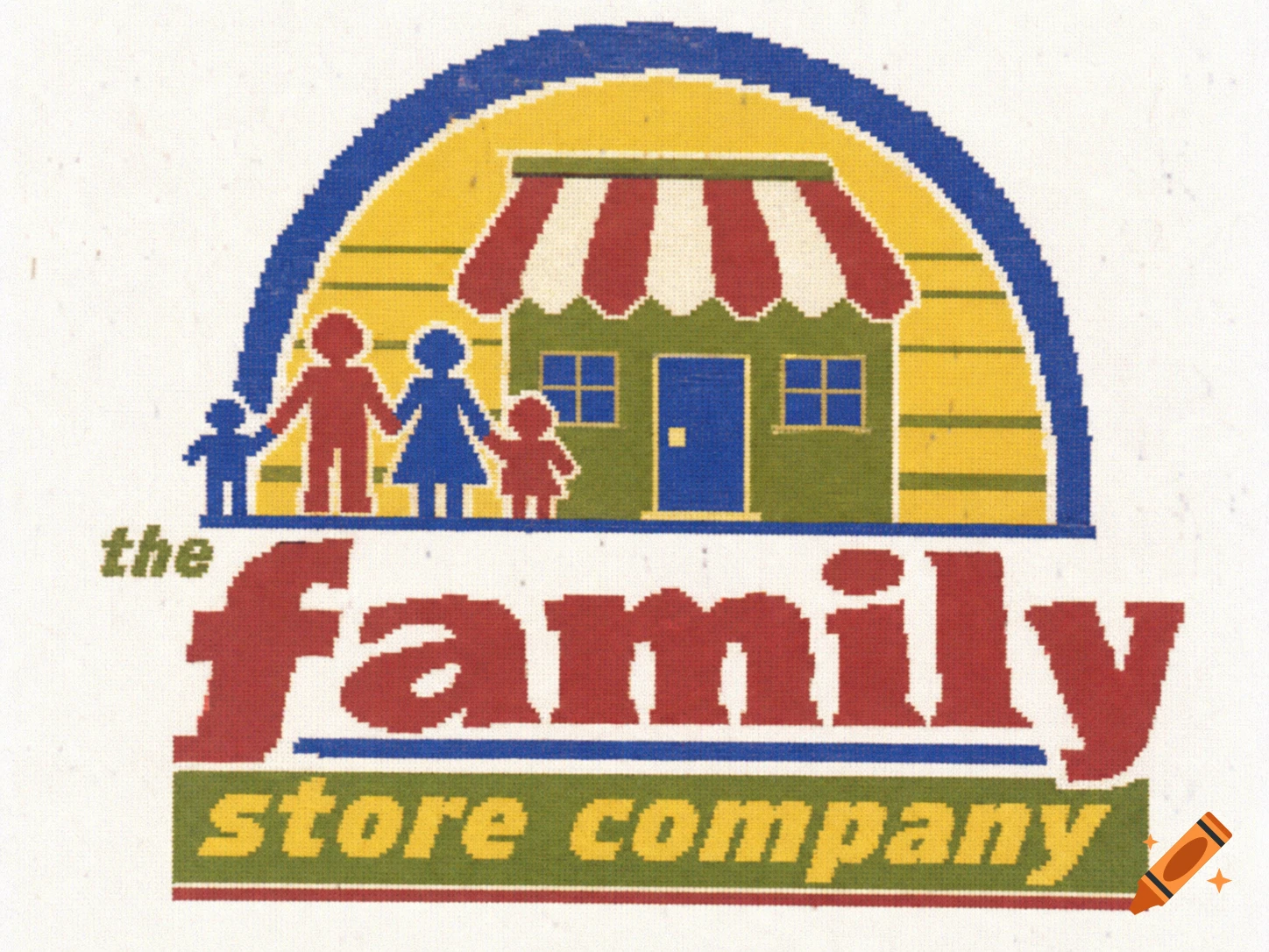 A retro logo for 'the family store company' featuring a graphic of a house with an awning, a family of four, and a sun background.