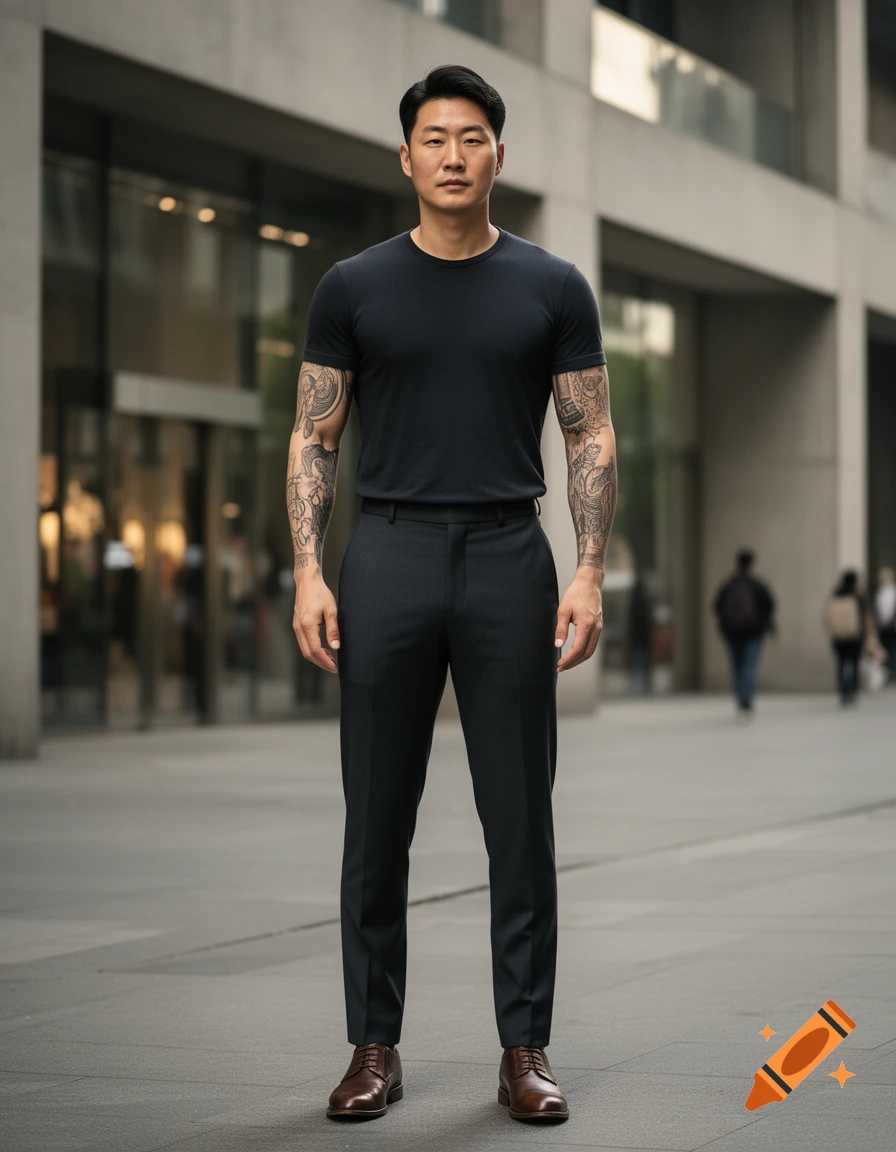 Photorealistic full-length portrait of a tall, athletic Asian man with tattoos on both arms, wearing a black t-shirt and trousers.