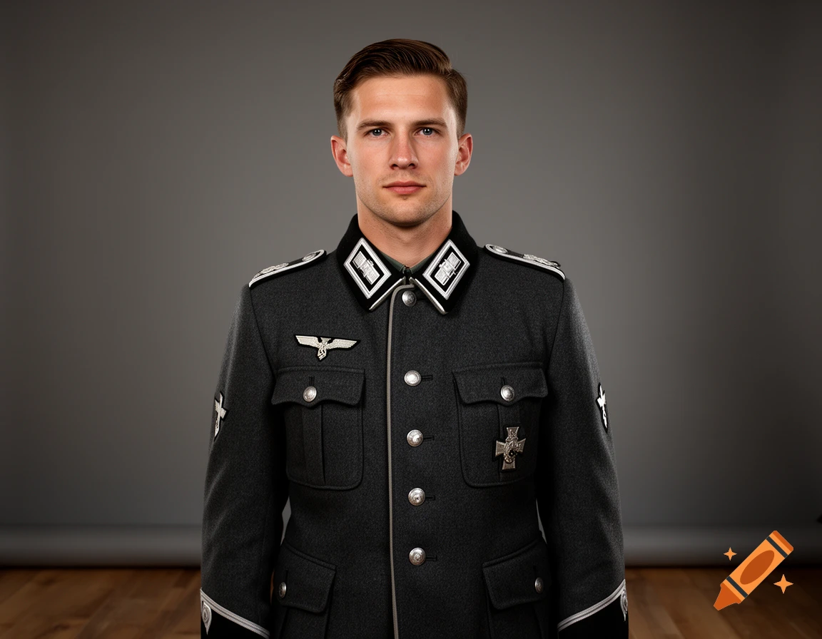 Photorealistic portrait of a man in a dark historical military uniform with collar patches against a gray background.