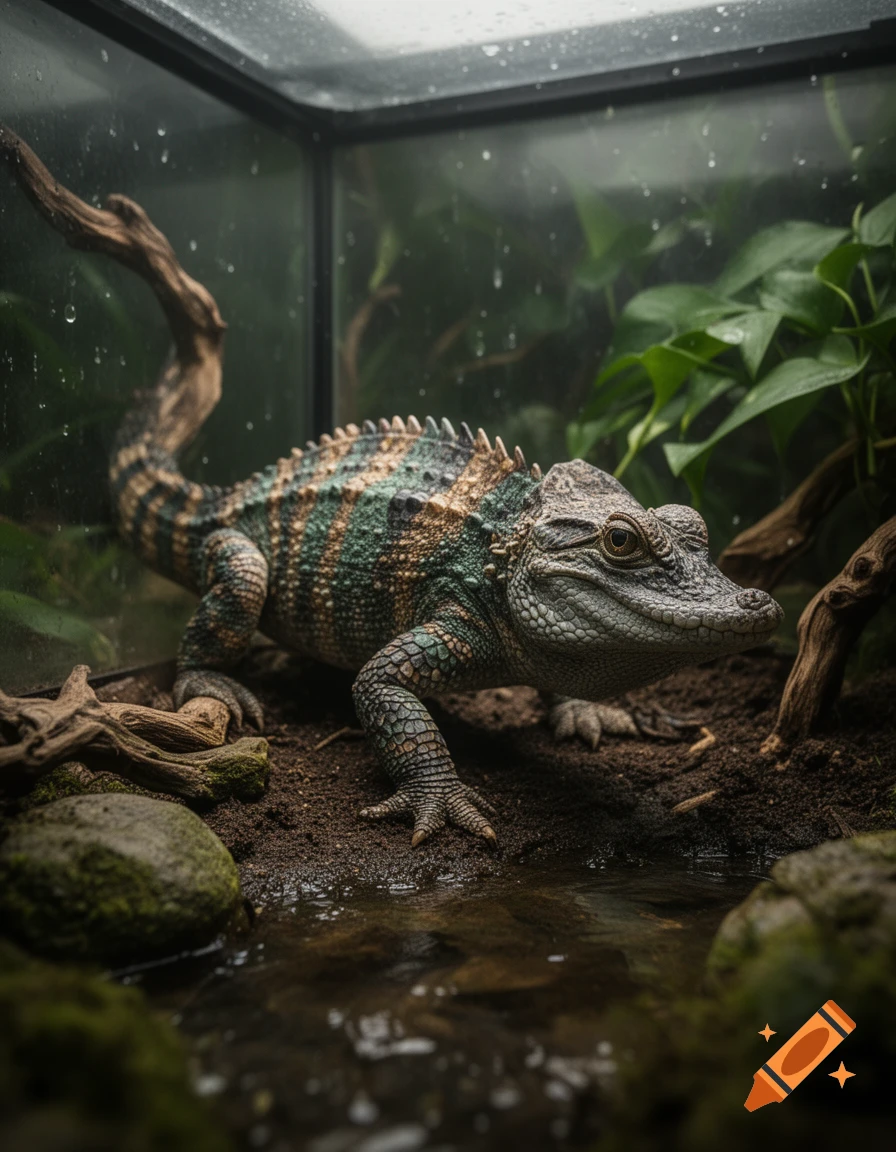 Photorealistic close-up of a fantastical crocodile-chameleon hybrid lizard inside a glass terrarium with plants and water.