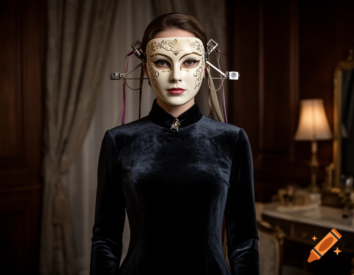 Photorealistic portrait of a woman wearing an ornate white and gold mask with mechanical devices attached to her head, in a dim room.