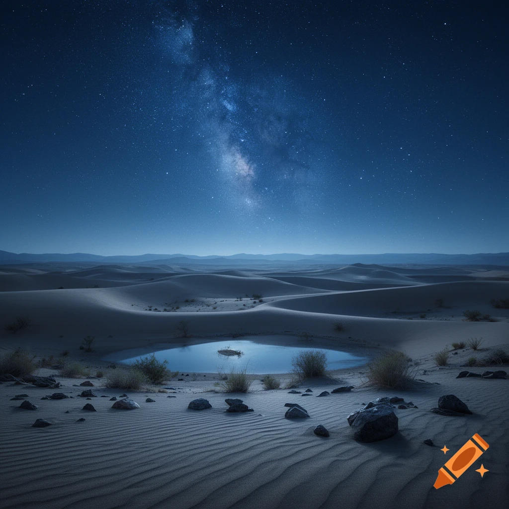 Photorealistic night desert landscape under a clear starry sky with the Milky Way visible above rolling sand dunes and a small pool of water.