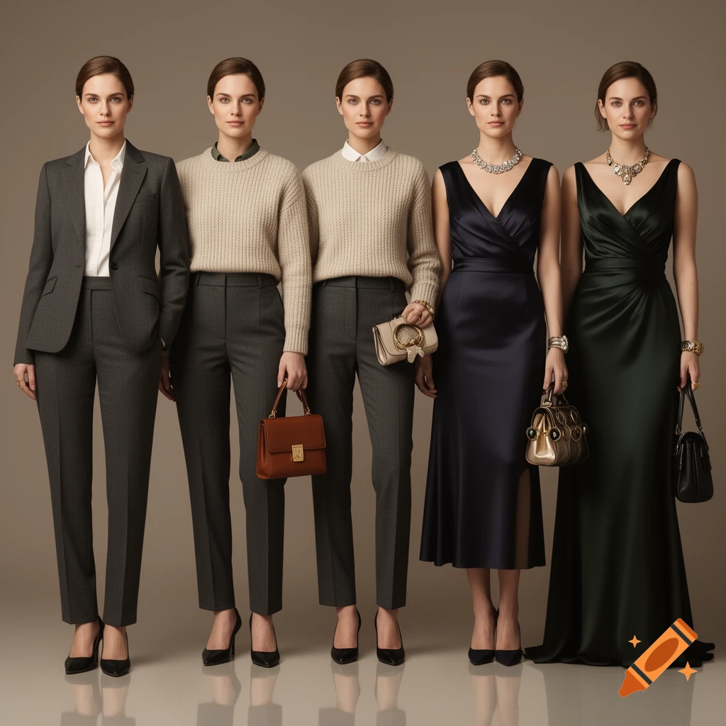 Five women standing in a line wearing a variety of formal and casual outfits, including suits and evening gowns, against a neutral background. Photorealistic style.