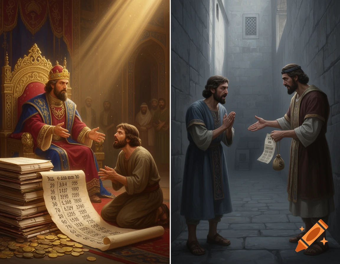 A split image illustrating a biblical parable; the left side shows a king forgiving a kneeling servant with scrolls and coins, and the right side shows a servant demanding payment from another man in a corridor.