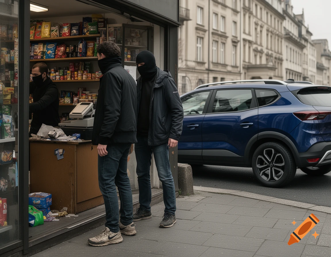 Two masked men standing inside a convenience store at a counter, with a blue SUV parked outside on the street.