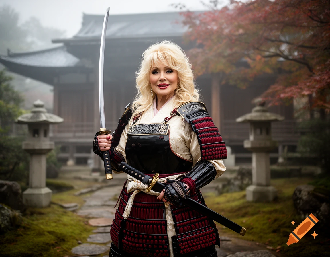 Photorealistic portrait of Dolly Parton as a samurai warrior holding a katana in a Japanese temple courtyard.