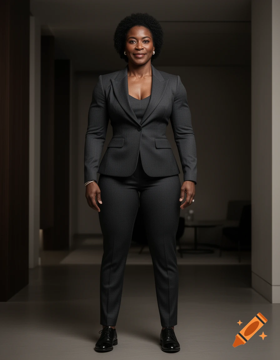 Photorealistic full-body portrait of a tall, muscular Black woman in her 40s wearing a dark grey suit in a modern hallway.