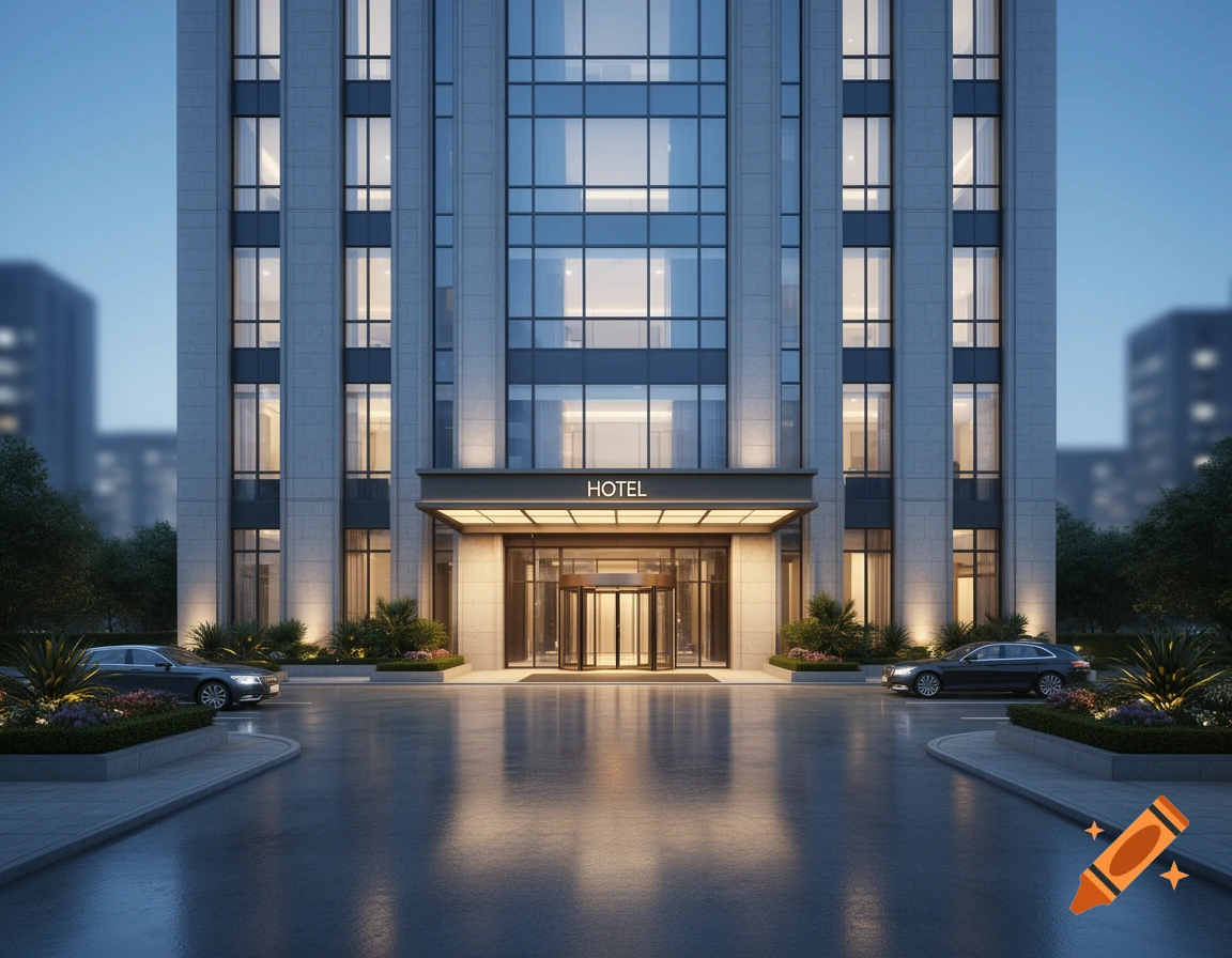 Photorealistic exterior view of a modern high-rise hotel entrance with glass facade and reflective wet pavement.