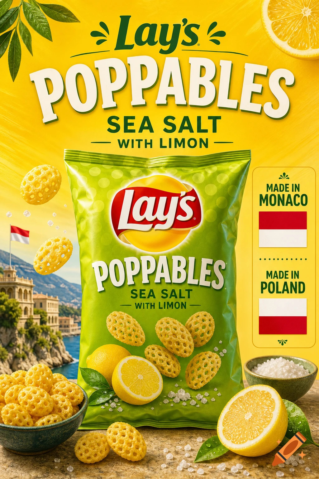 Photorealistic advertisement for Lay's Poppables Sea Salt with Limon chips, featuring a green bag, bowls of snacks, lemons, and salt.