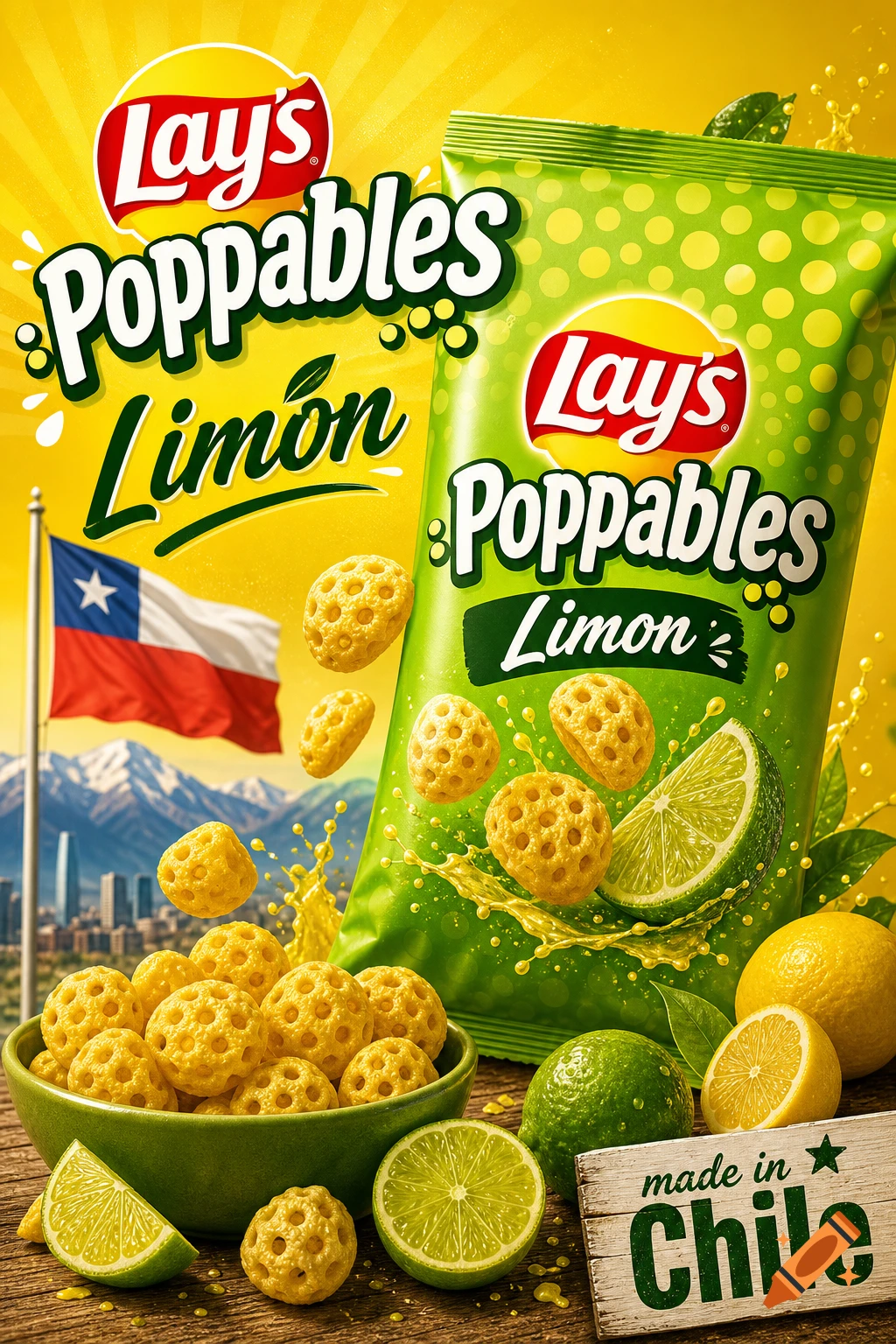 Photorealistic advertisement for Lay's Poppables Limon chips featuring a bag, bowl of snacks, limes, and a Chilean flag.
