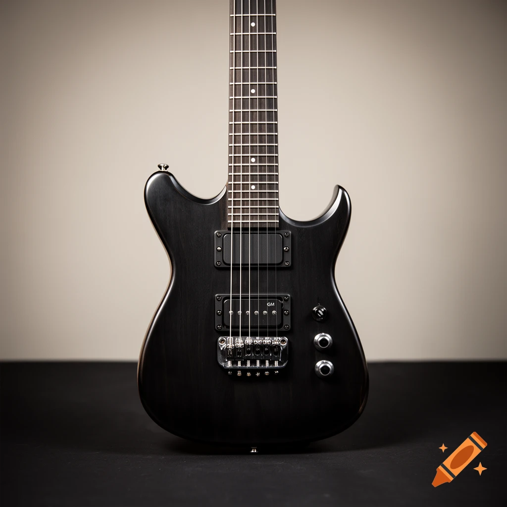 Photorealistic black electric guitar standing upright against a neutral background.