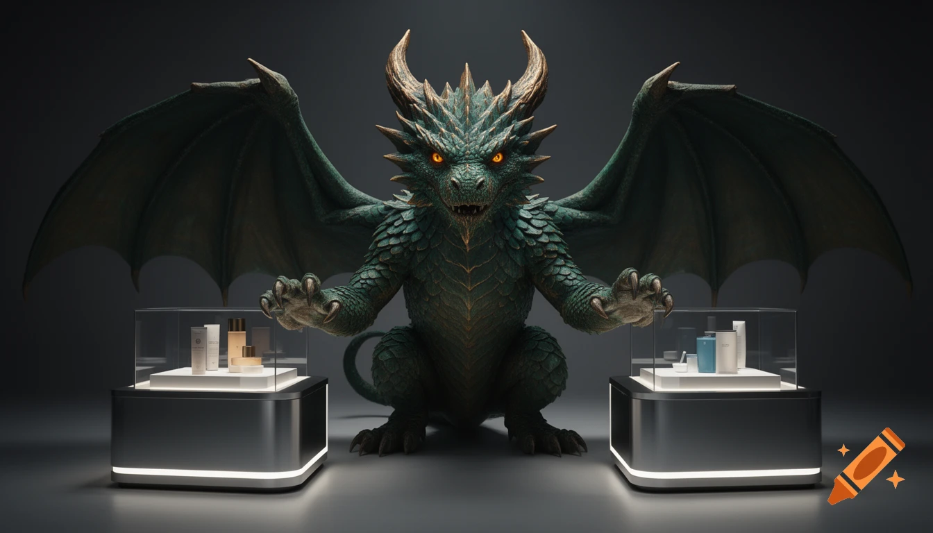 A large green dragon with glowing orange eyes standing behind two illuminated glass display cases holding perfume bottles in a dark setting, photorealistic style.