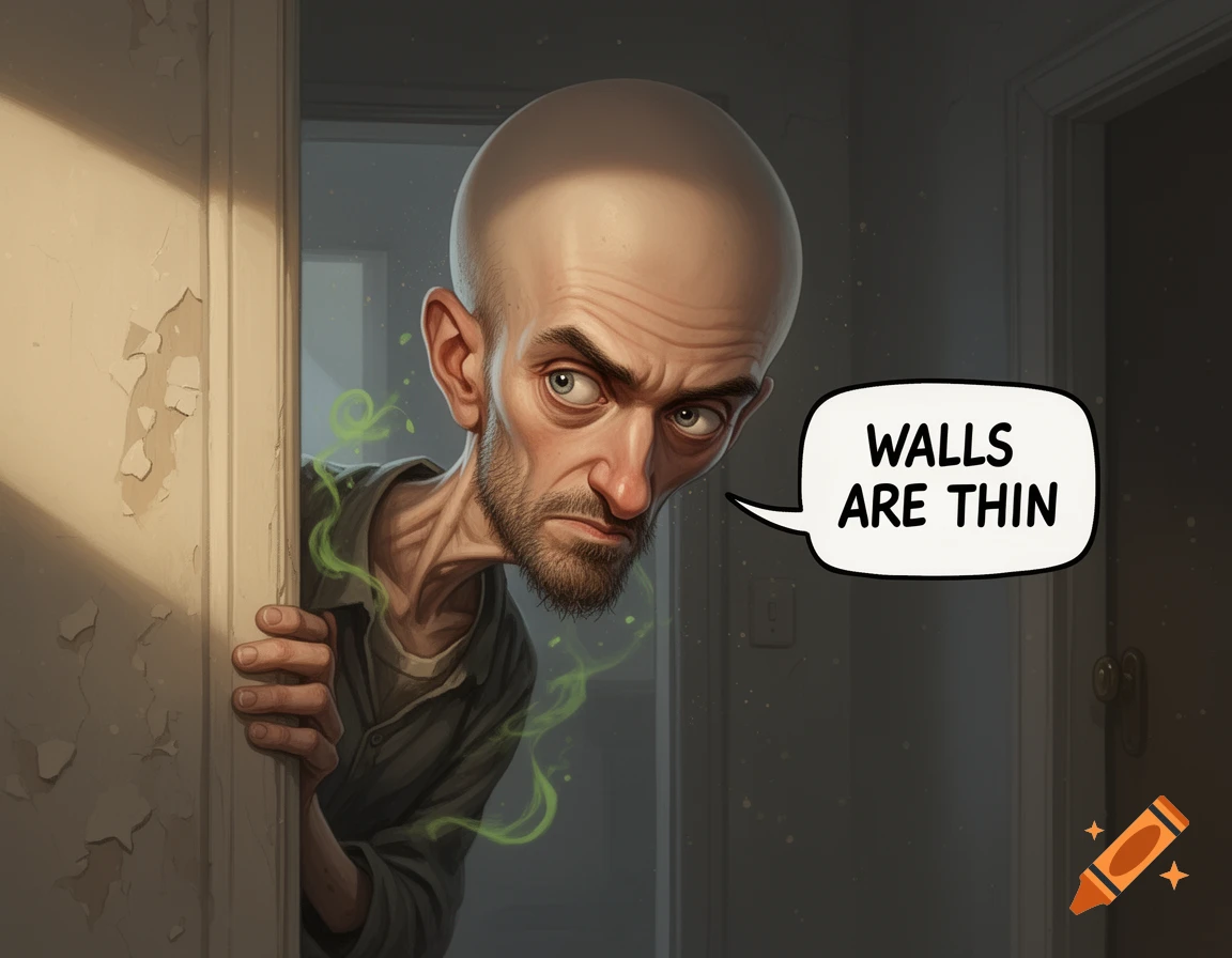 Caricature illustration of a skinny bald man peeking around a wall with green wisps, speaking a speech bubble that says walls are thin.