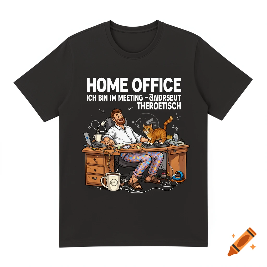 Black t-shirt featuring a cartoon design of a man working from home at a messy desk with a cat.