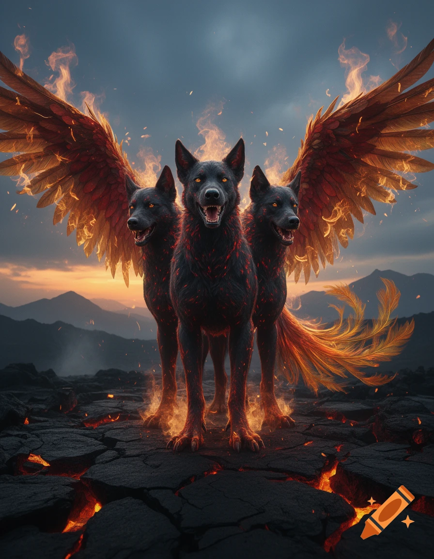 A mythical creature merging a Cerberus and a phoenix, featuring three black wolf heads, fiery wings, and a glowing cracked ground.