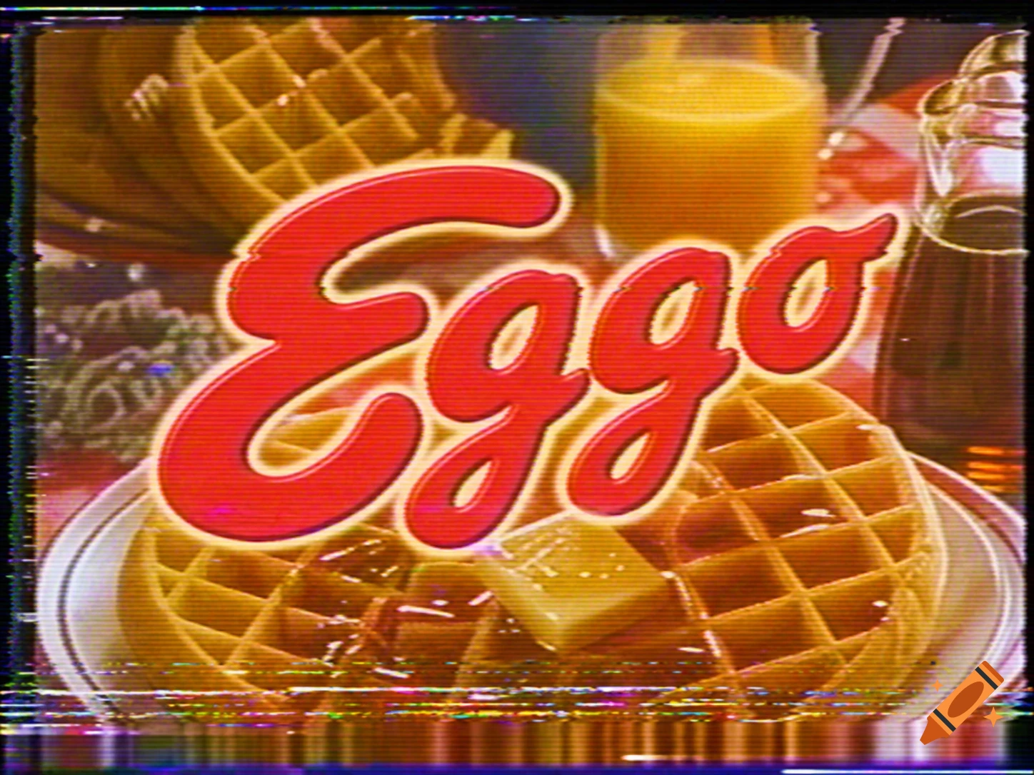 VCR damaged VHS style 1997 commercial screenshot of an Eggo waffle with syrup and butter, orange juice, and waffles in background.