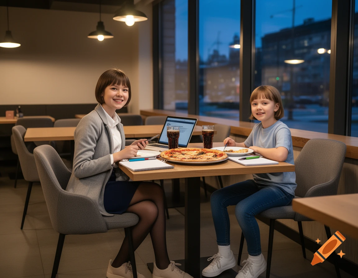 Photorealistic image of two young girls sitting at a table in a modern restaurant, eating pizza and looking at the camera.